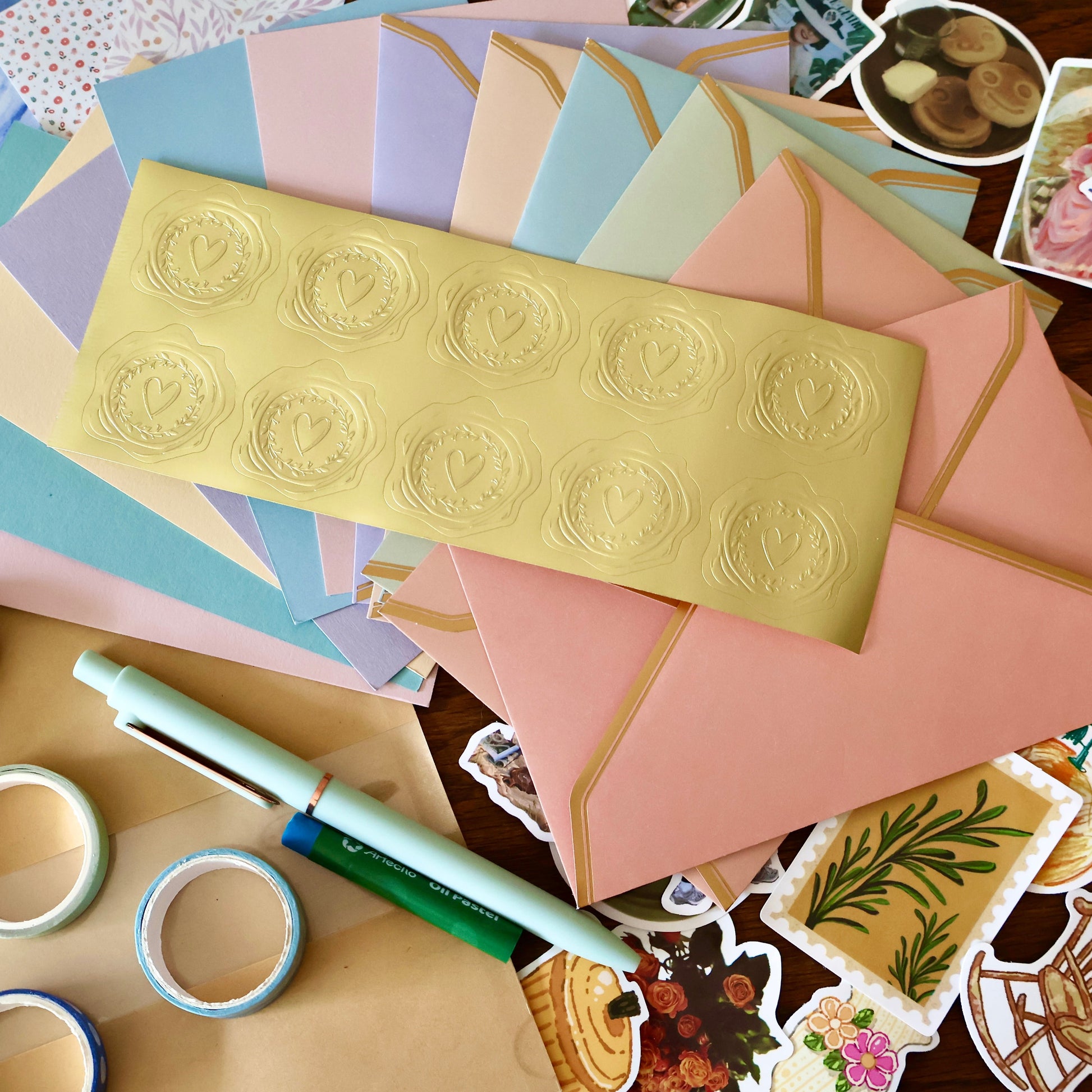 Collection of stationery items including envelopes, stickers, and a pen on a wooden surface.